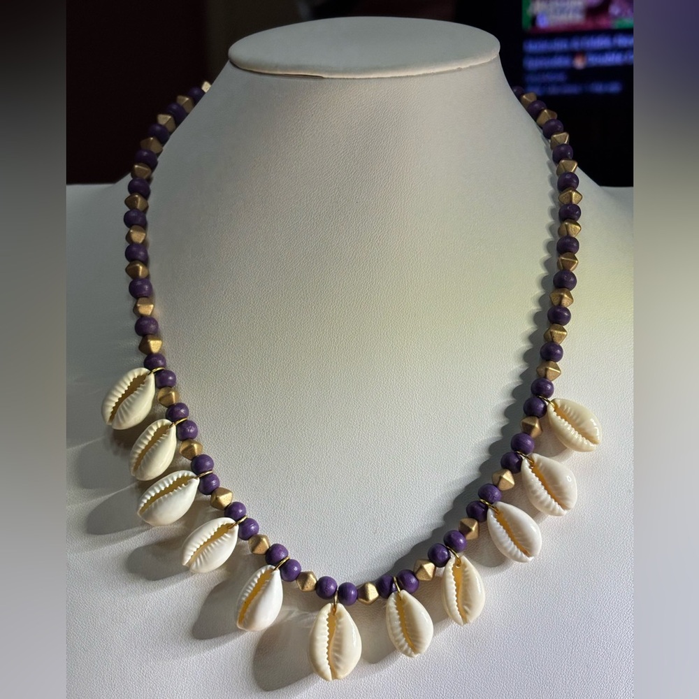 Hand Crafted Cream Cowrie Shell Necklace with Purple and Gold Beads 18.5 inches